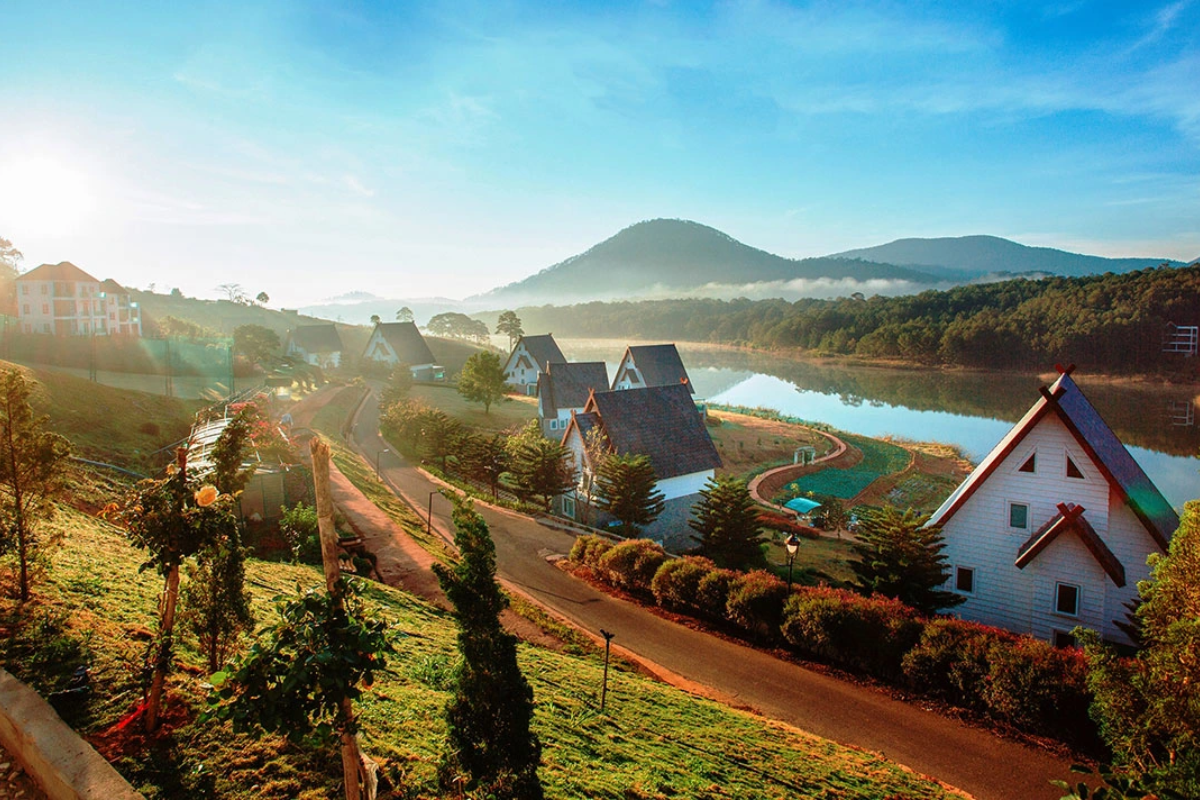 Sunshine over pine trees and hills in Da Lat during May