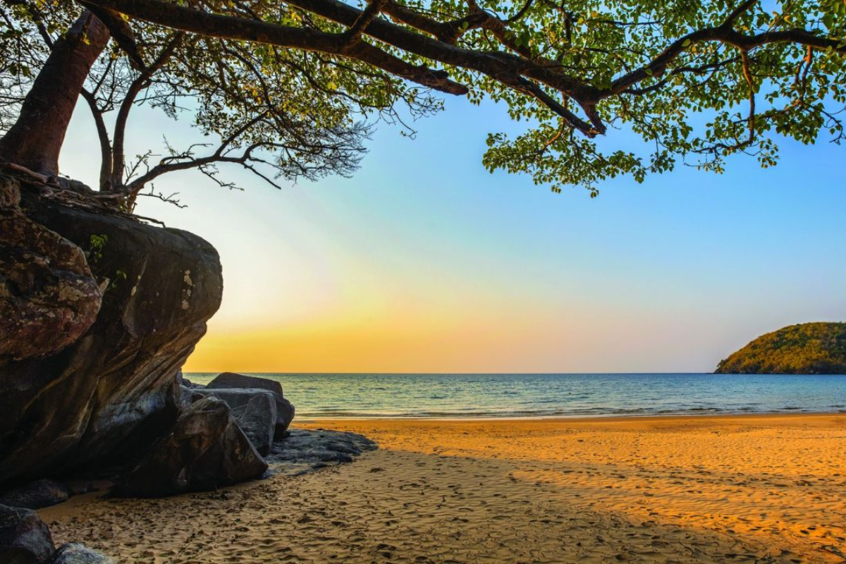 Secluded Dam Trau Beach with lush forest and clear sea