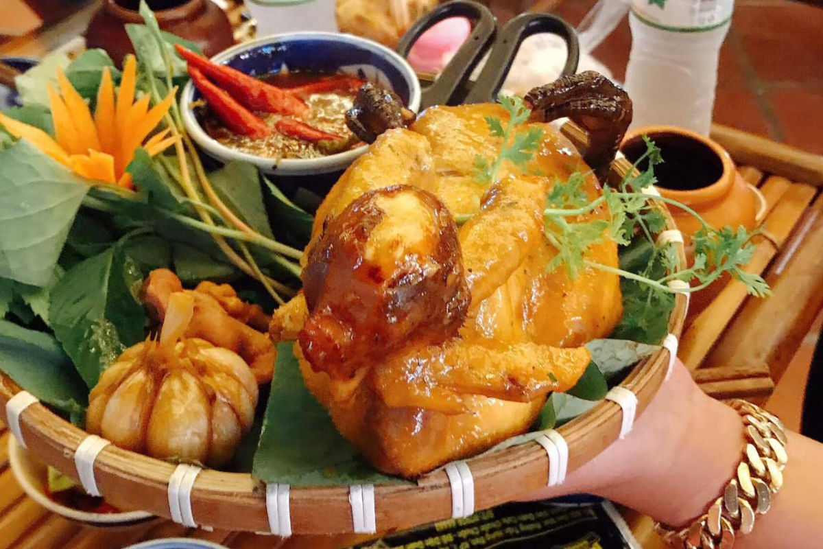 Grilled forest chicken served with herbs and dipping sauce