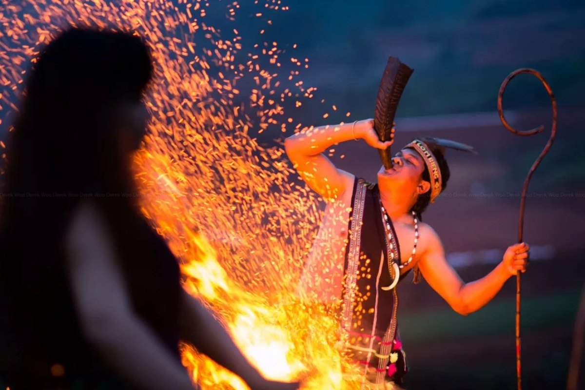 Gong Culture Festival with performers in traditional costumes playing gongs in a night setting