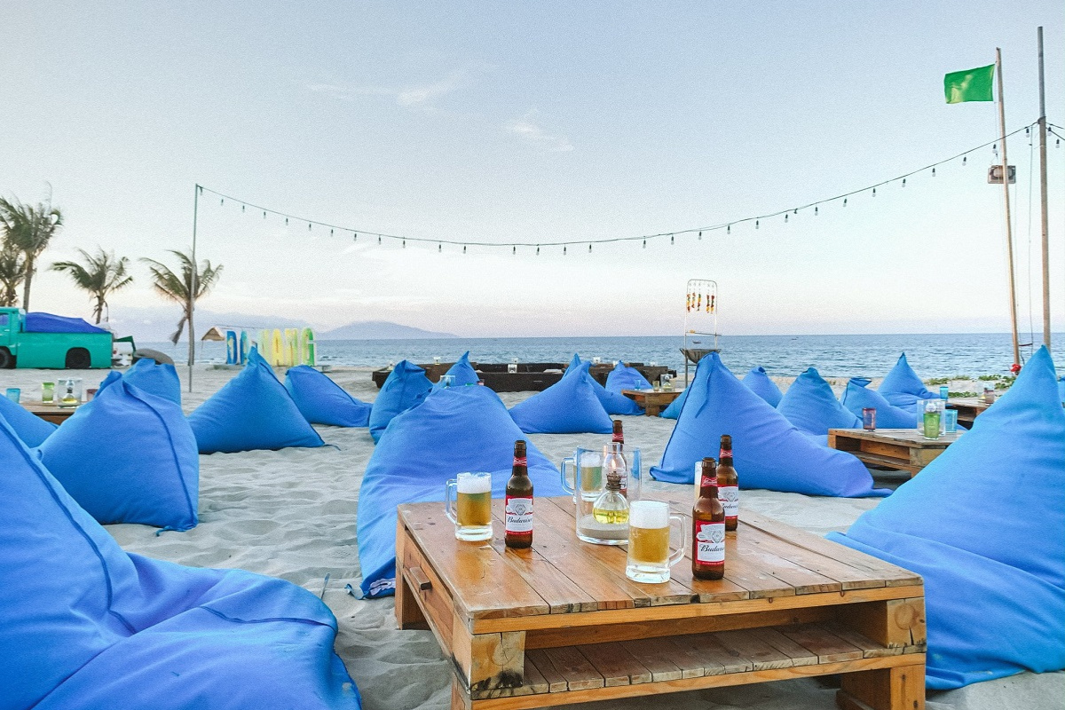 Sunny beach scene in Hoi An with clear skies in July