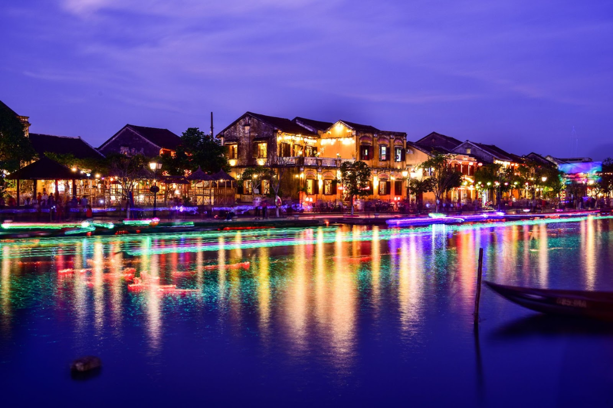 Colorful lanterns lighting up Hoi An streets at night in July