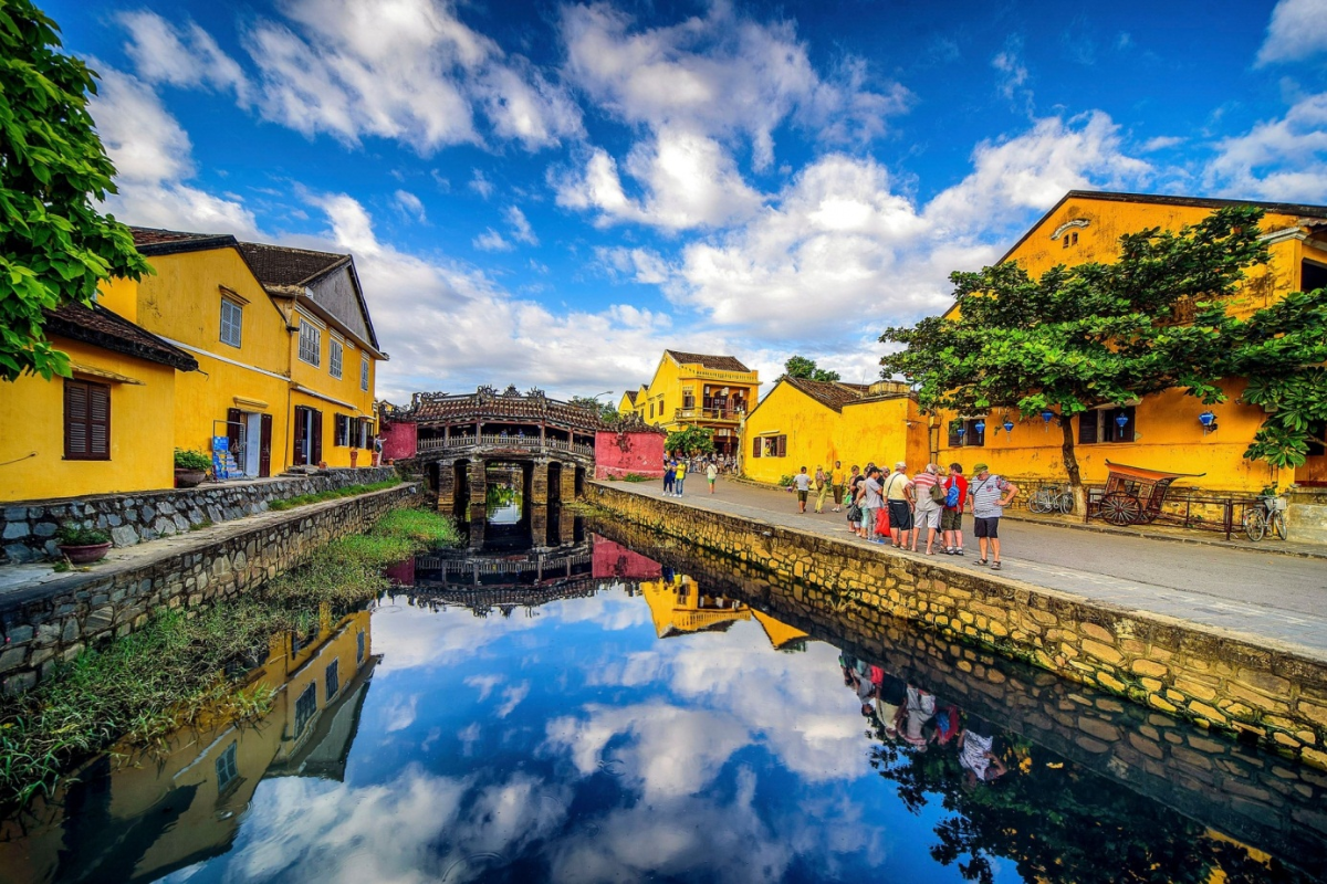 Clear blue skies over the lantern-filled streets of Hoi An in March