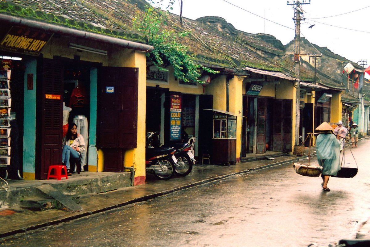 Hoi An street in October with rain and colorful lanterns