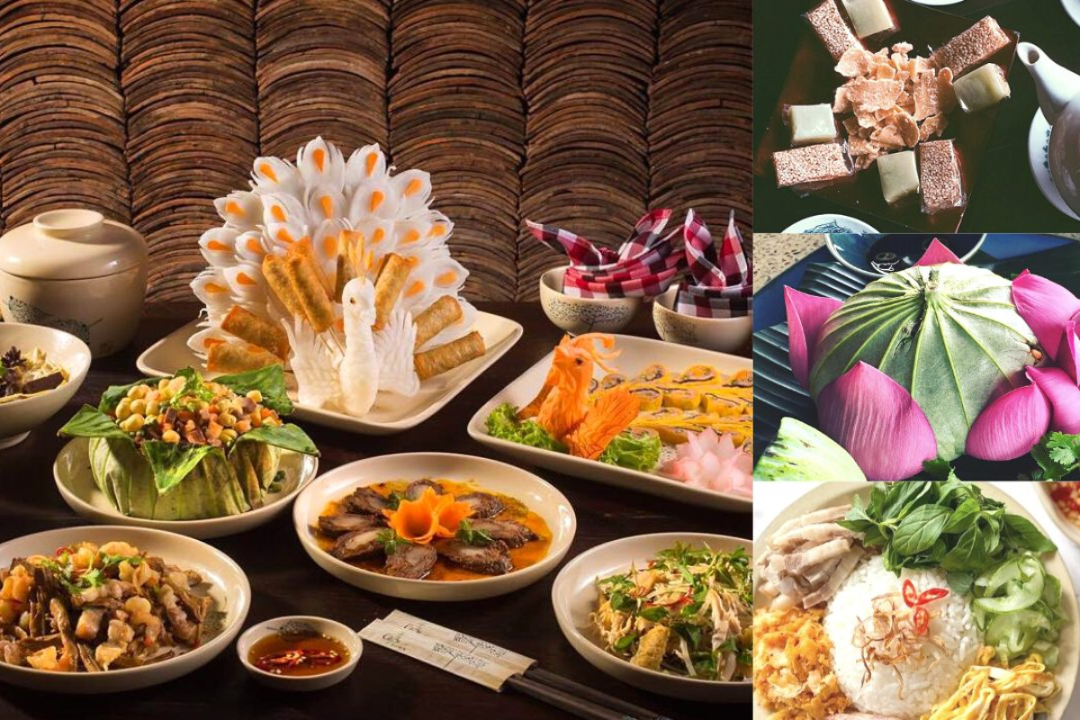 Elegant presentation of Hue royal cuisine featuring colorful and balanced dishes