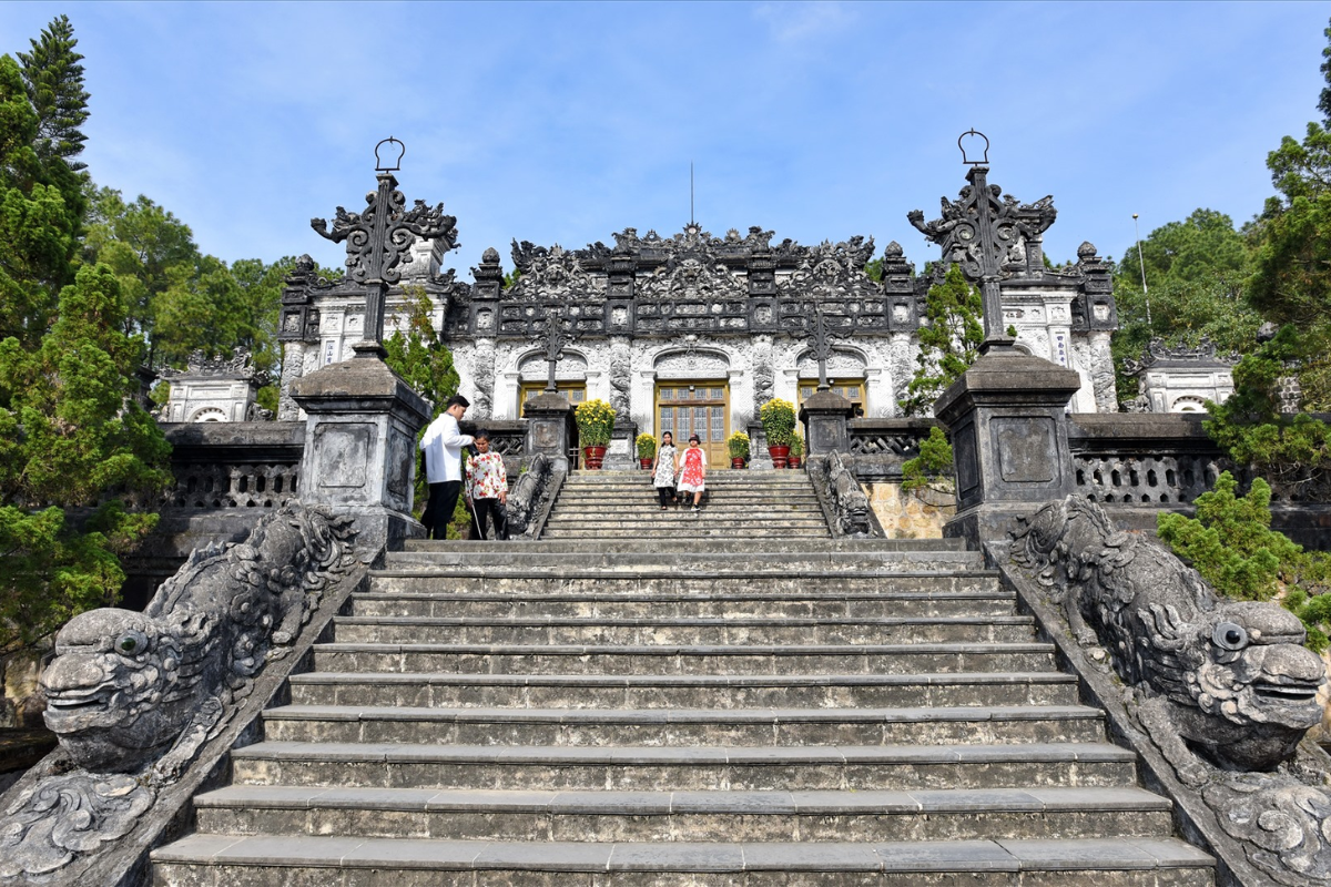 Exterior of Khai Dinh Tomb with Gothic architecture and intricate details