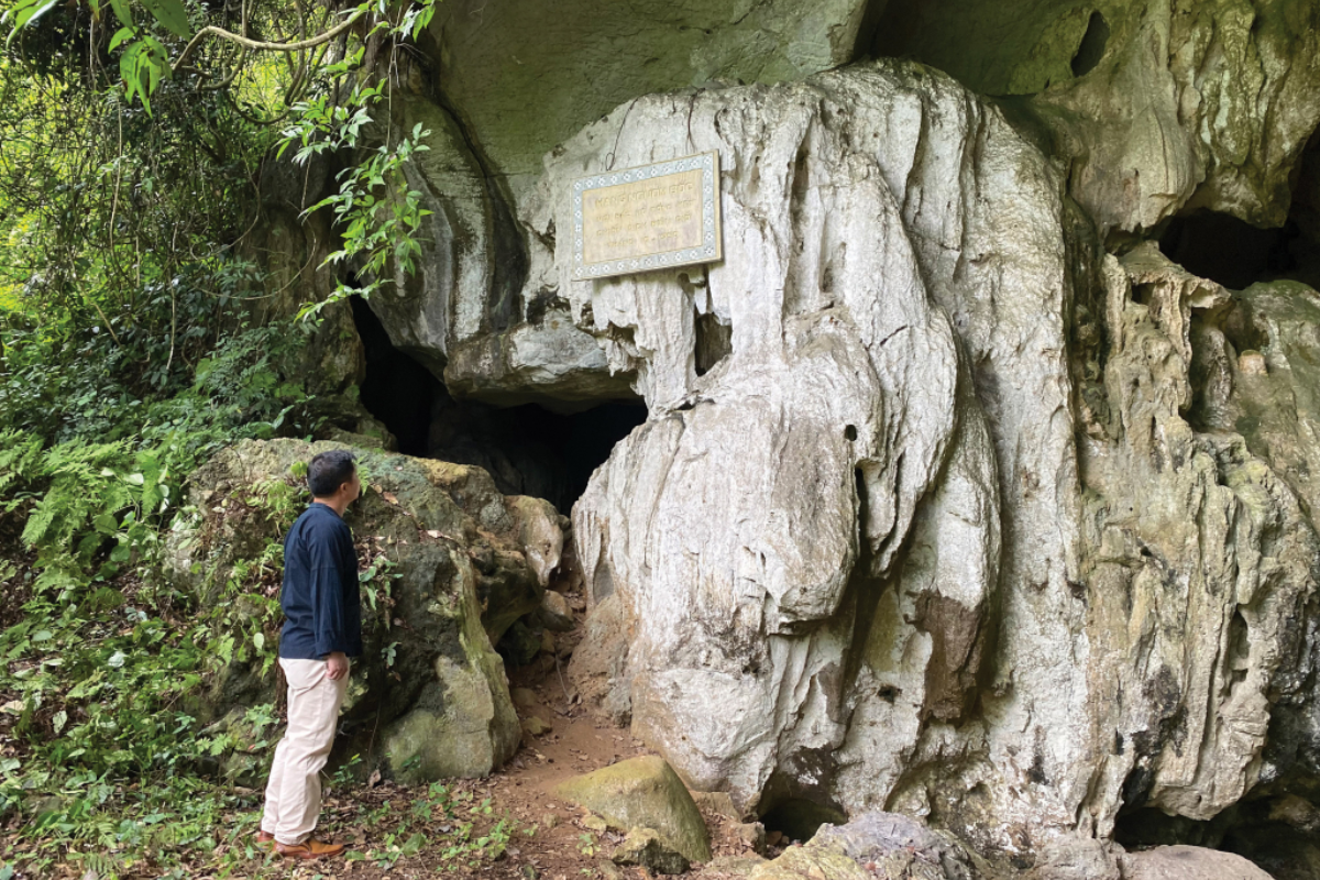 Entrance to Nguom Boc Cave surrounded by lush greenery