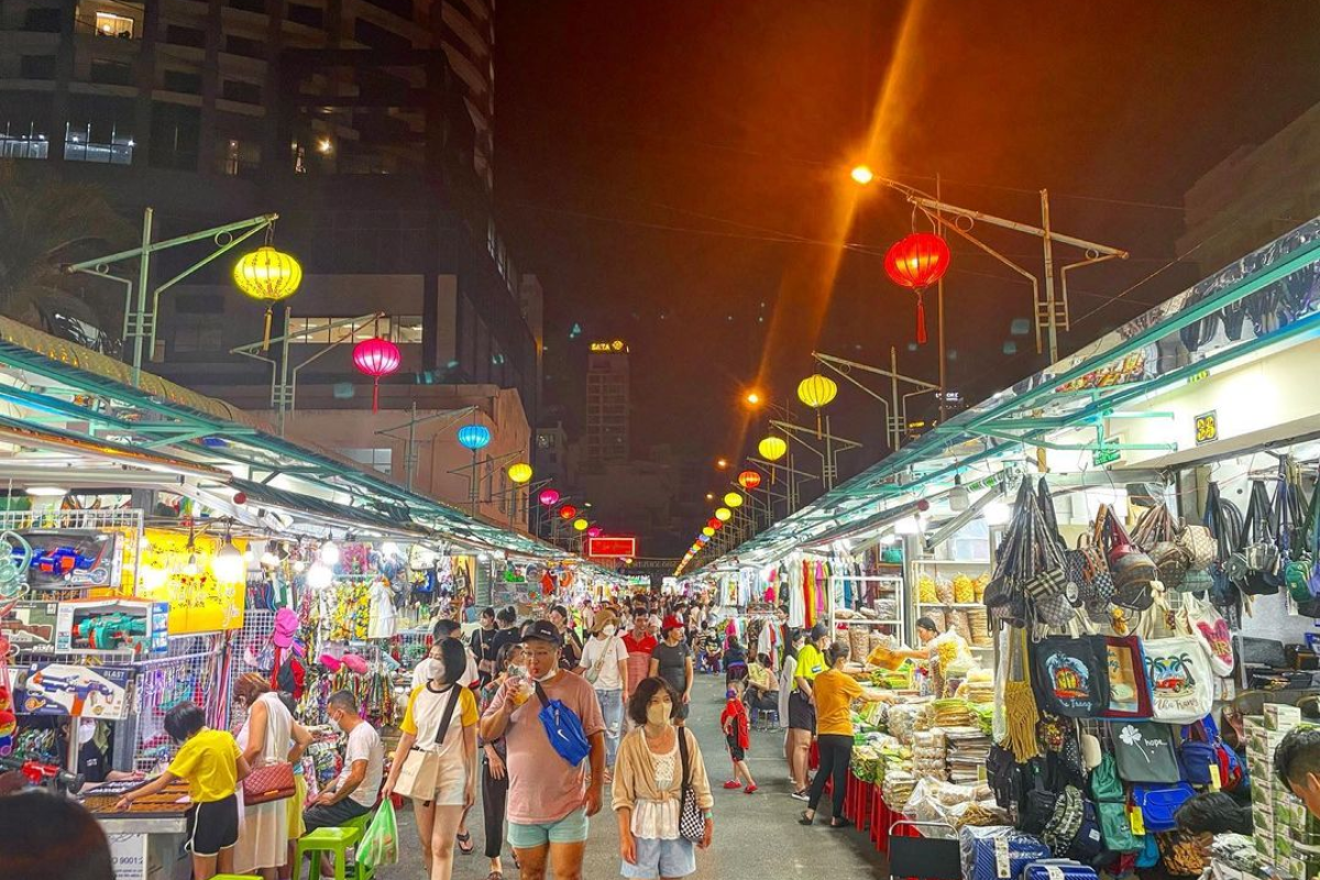 Colorful stalls at Nha Trang Night Market in the evening
