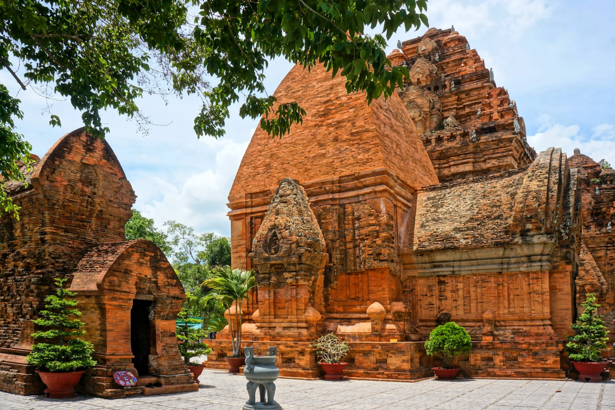 Historical Ponagar Cham Towers under the sunny sky in Nha Trang