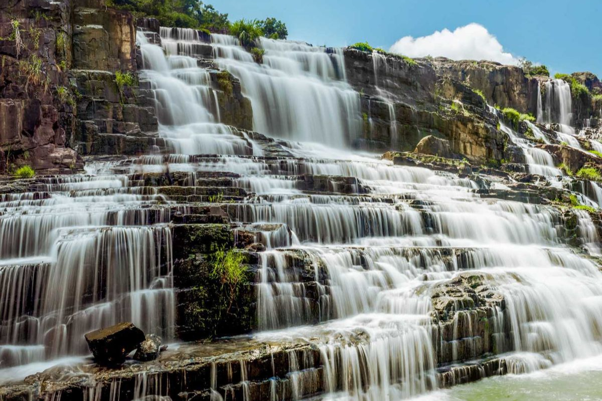 Wide view of Pongour Waterfall with lush greenery and cascading waters