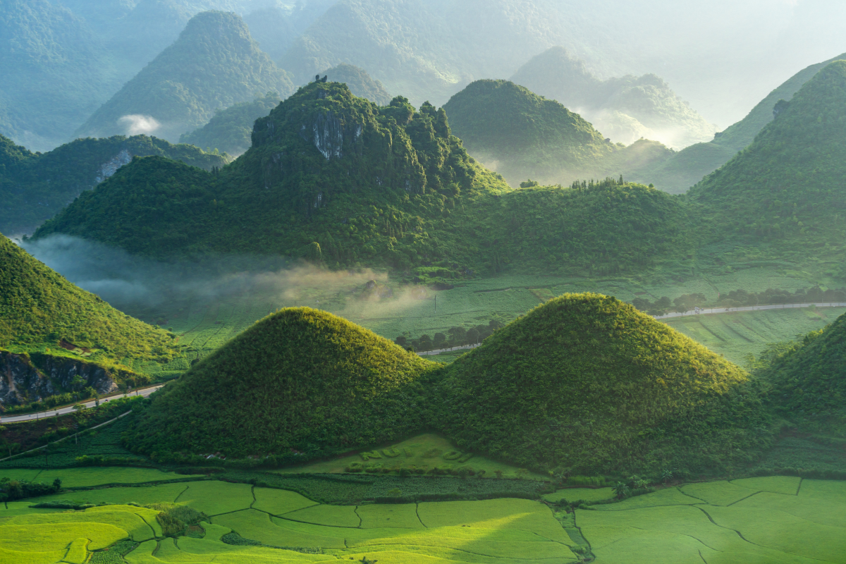 Quản Bạ’s Twin Mountains surrounded by lush greenery and triangular circuit flowers.