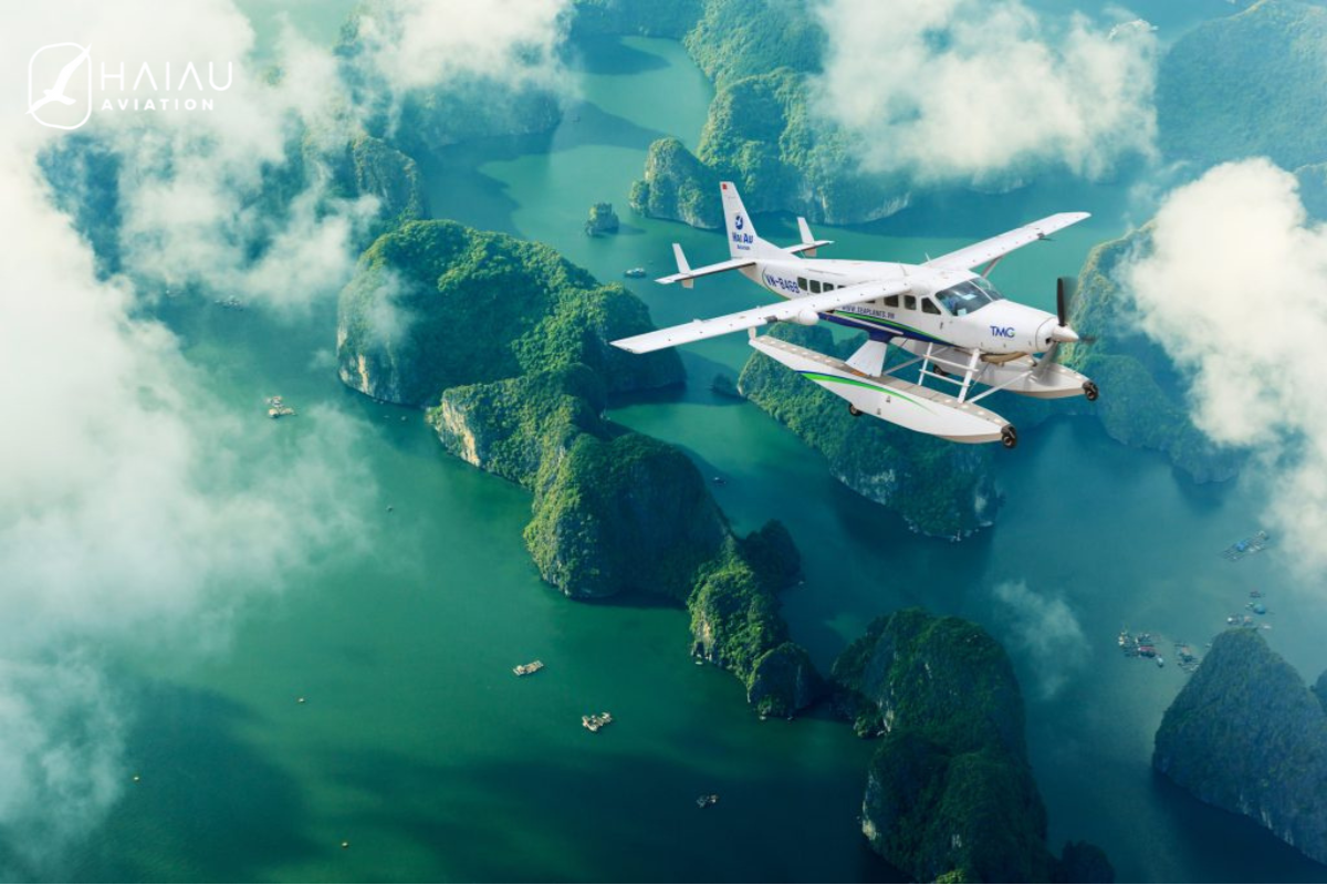 Seaplane flying over Halong Bay offering panoramic views