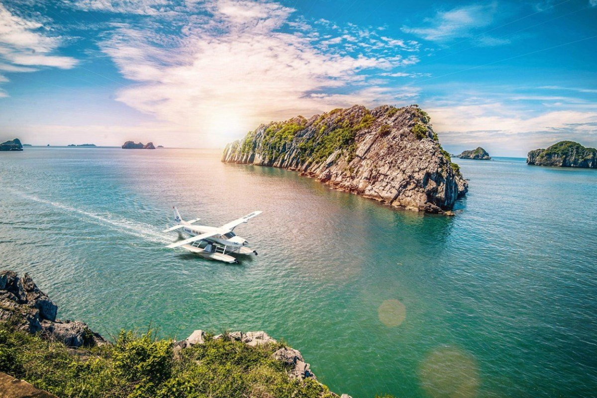 Aerial view of Ha Long Bay taken from a seaplane showing islands and turquoise sea