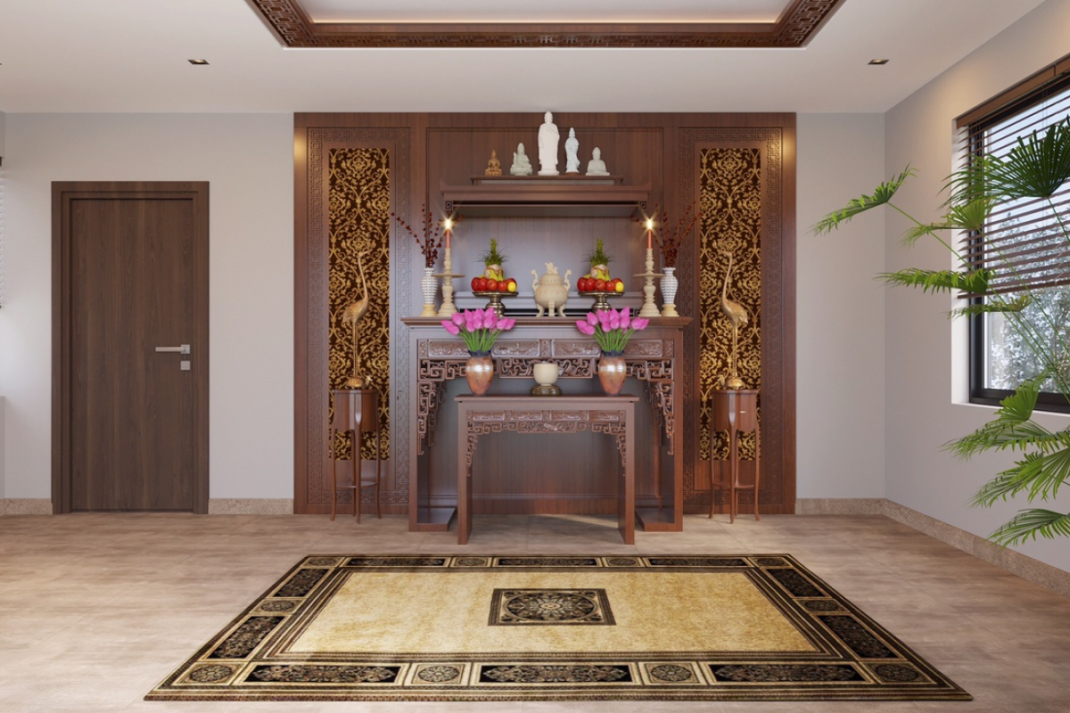 Traditional family altar with incense and offerings in a Vietnamese home