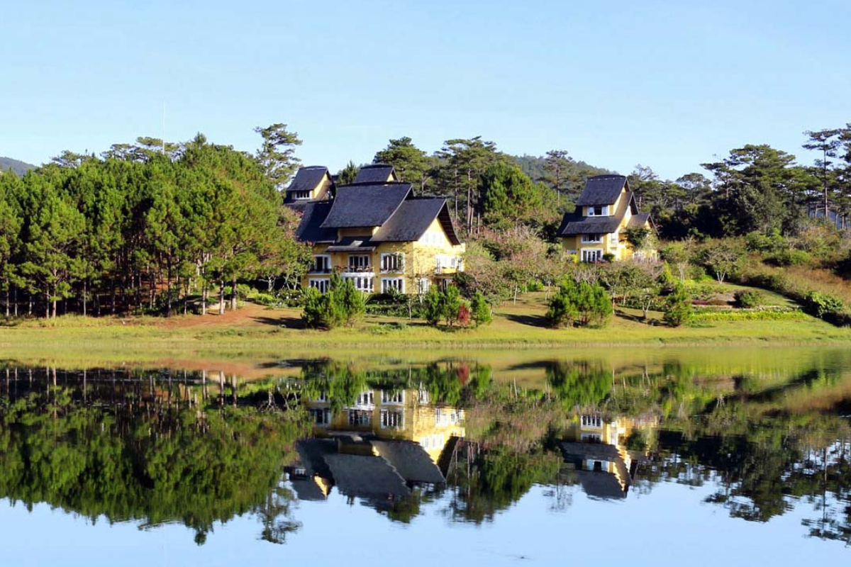 Peaceful landscape of Tuyen Lam Lake with pine forests