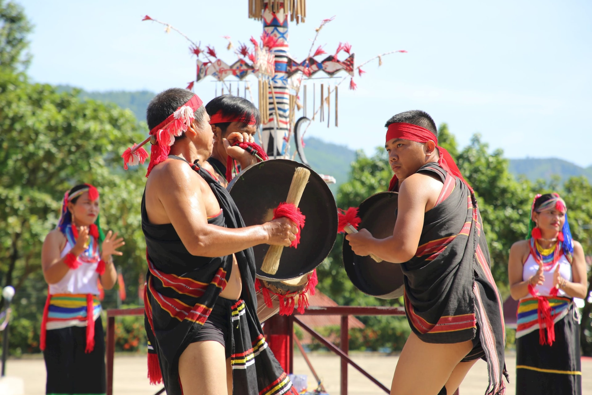 Vietnamese ethnic minorities in colorful traditional costumes during a festival