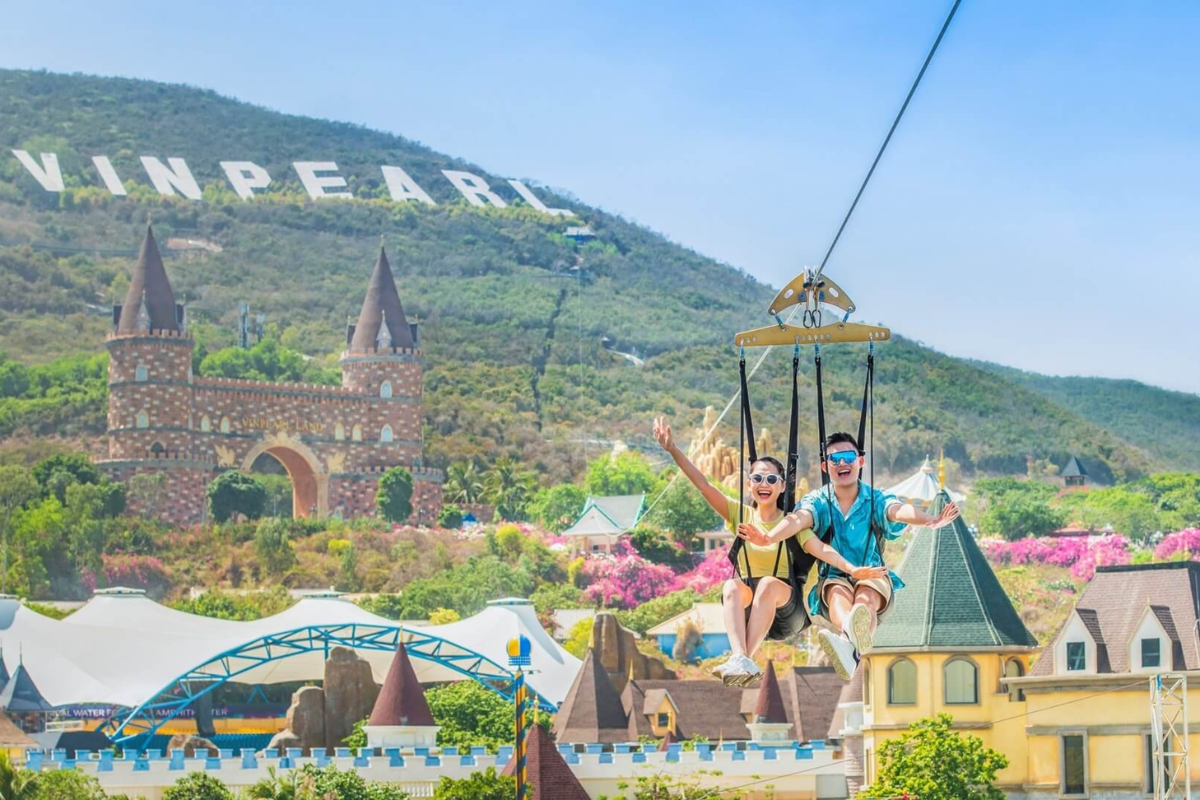 Visitors enjoying rides and attractions at VinWonders Nha Trang theme park