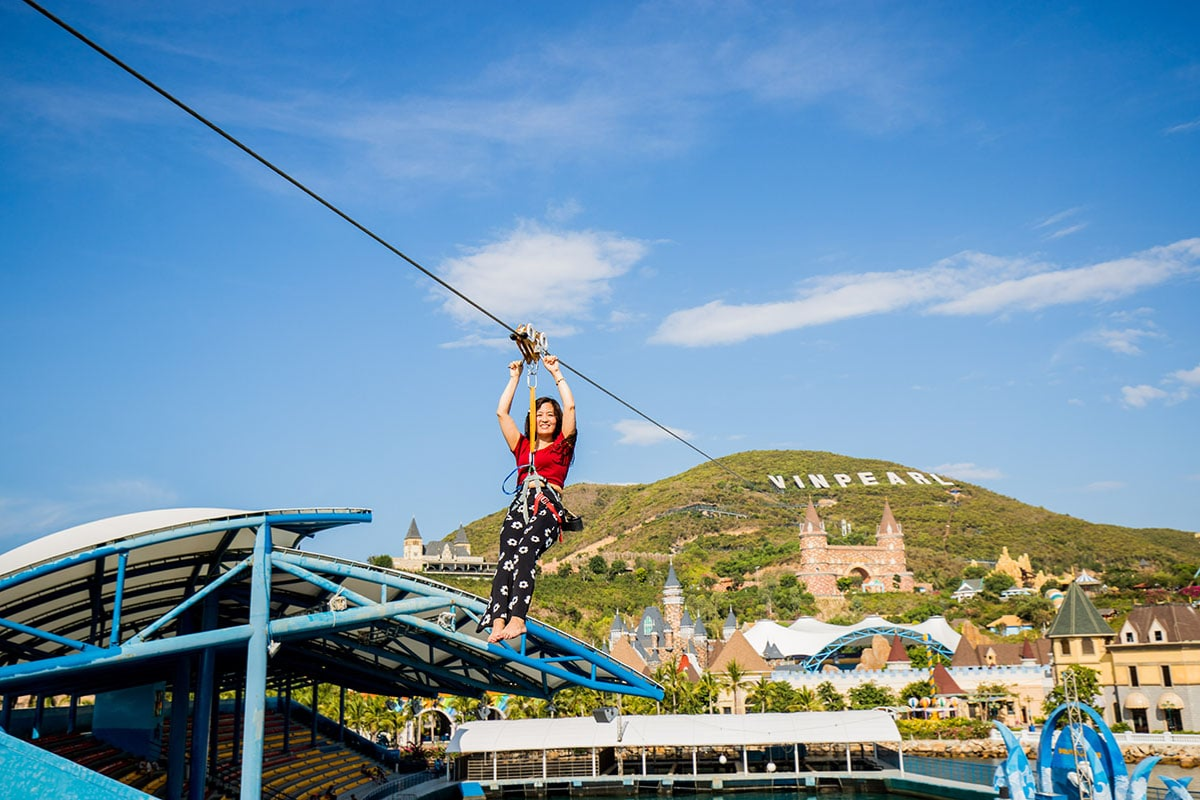Thrilling zipline and water slides at VinWonders amusement park in Nha Trang