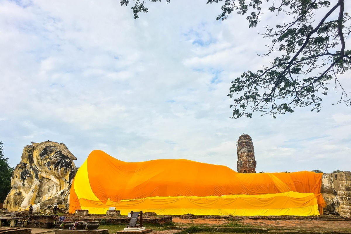 Reclining Buddha statue outdoors at Wat Lokayasutharam