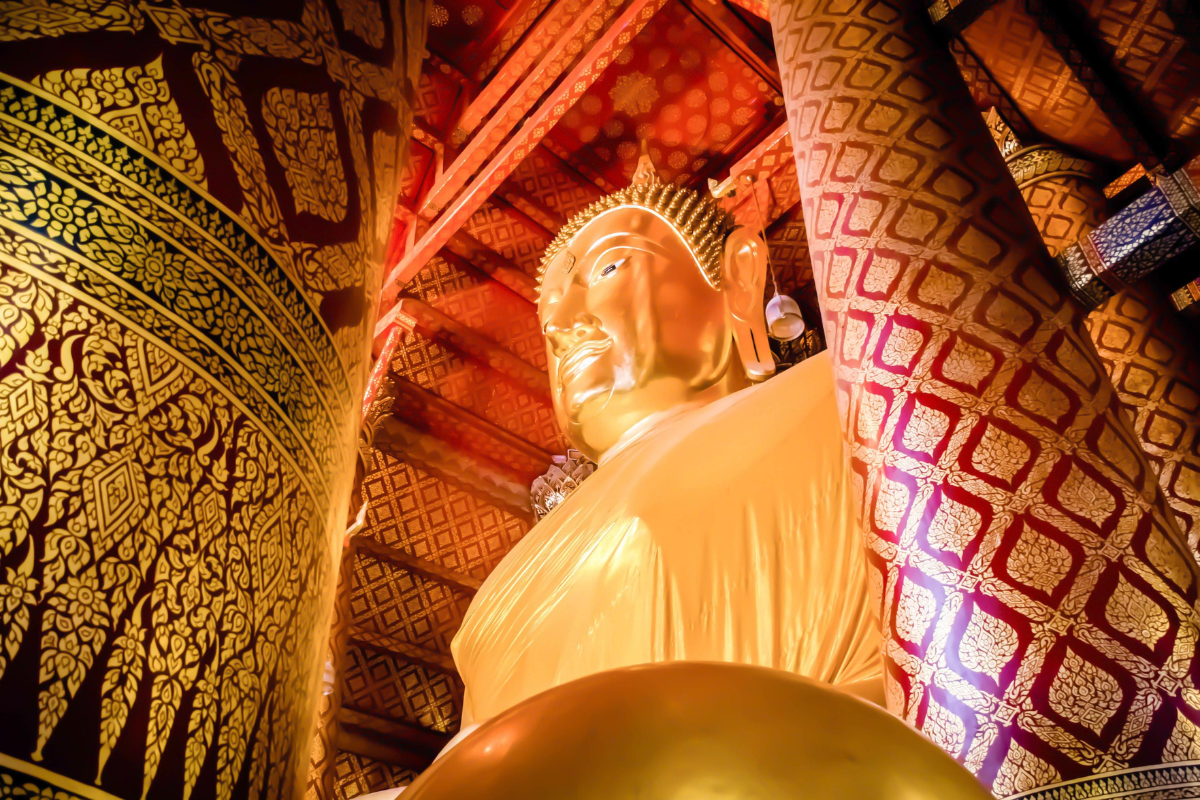 Large seated bronze Buddha inside Wat Phanan Choeng temple