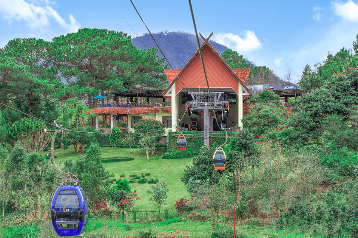 Dalat cable car moving above pine forests with a panoramic view of the city below
