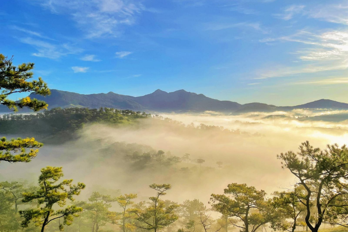 Scenic landscape of Da Lat with clear blue skies and greenery in April