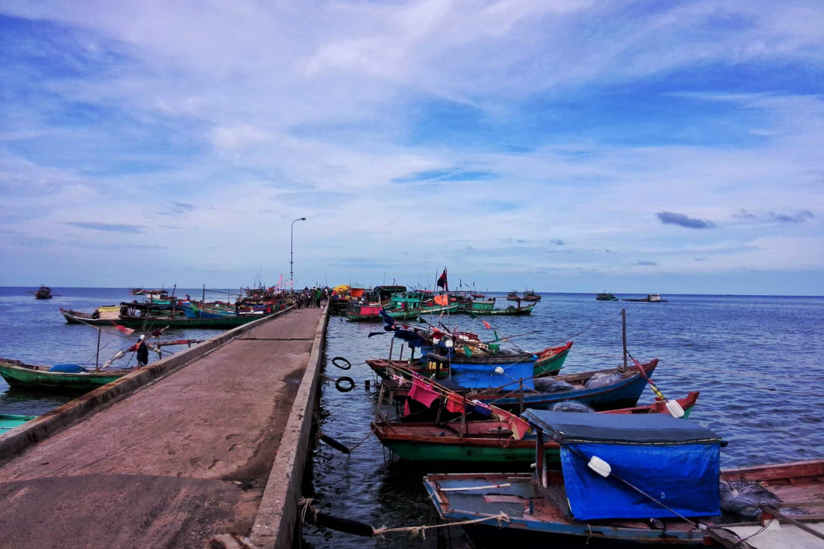 A view of Ham Ninh Fishing Village with traditional wooden boats