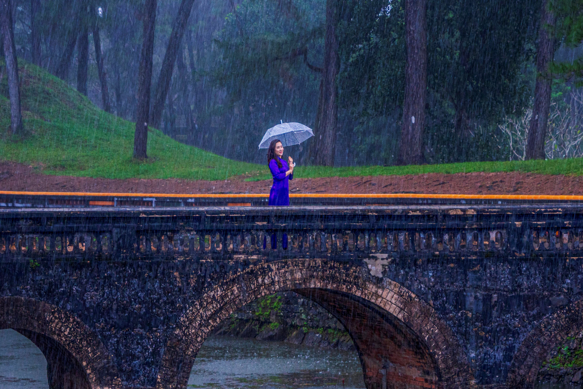 Hue cityscape in a gentle rain, capturing the peaceful ambiance of March