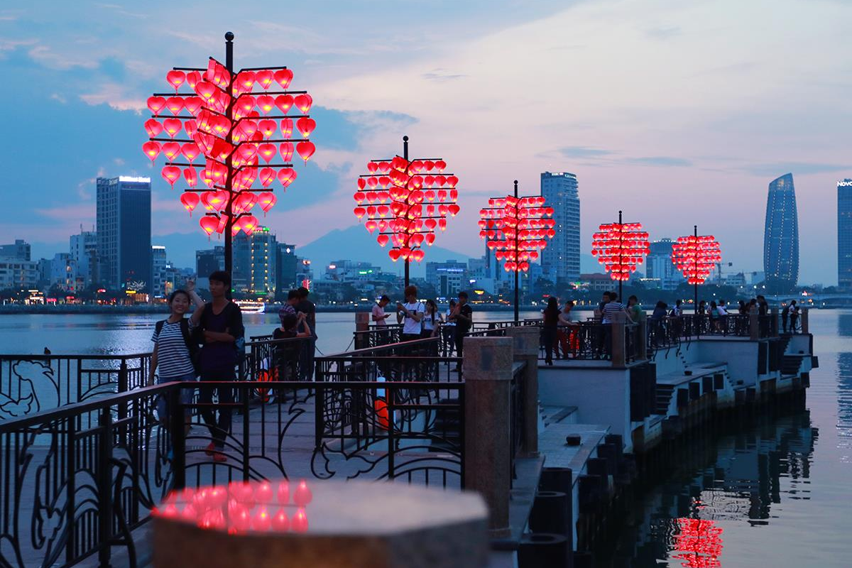Love Bridge in Da Nang with red heart decorations