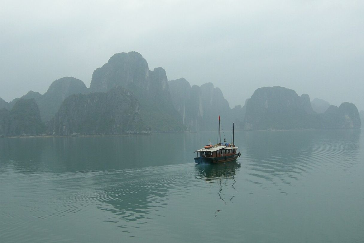 Peaceful view of Ha Long Bay in the cool misty January morning