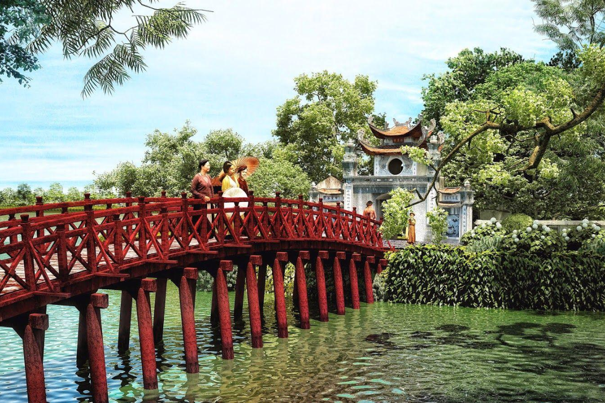 Ngoc Son Temple and Hoan Kiem Lake surrounded by autumn leaves