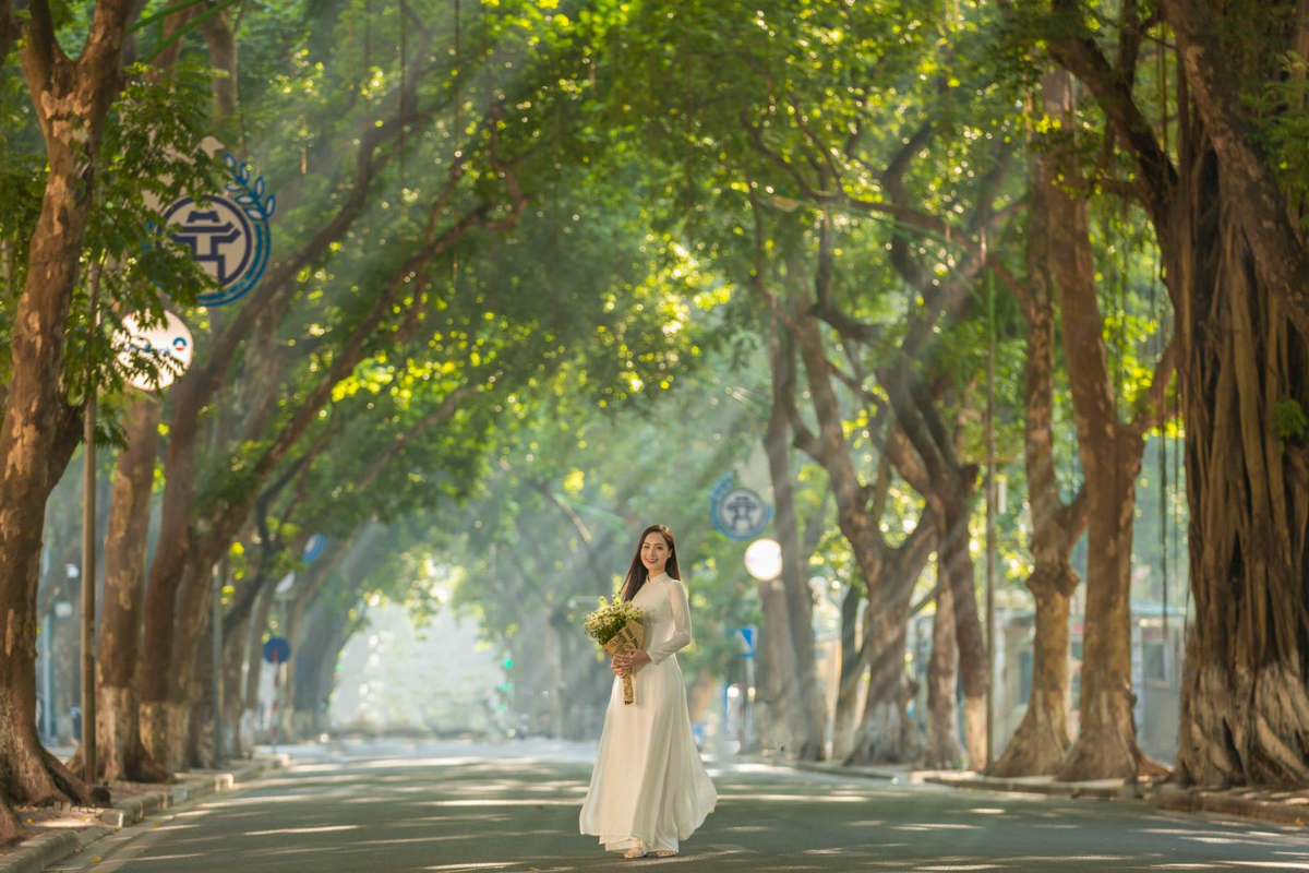 View of Hanoi streets with clear skies during spring season