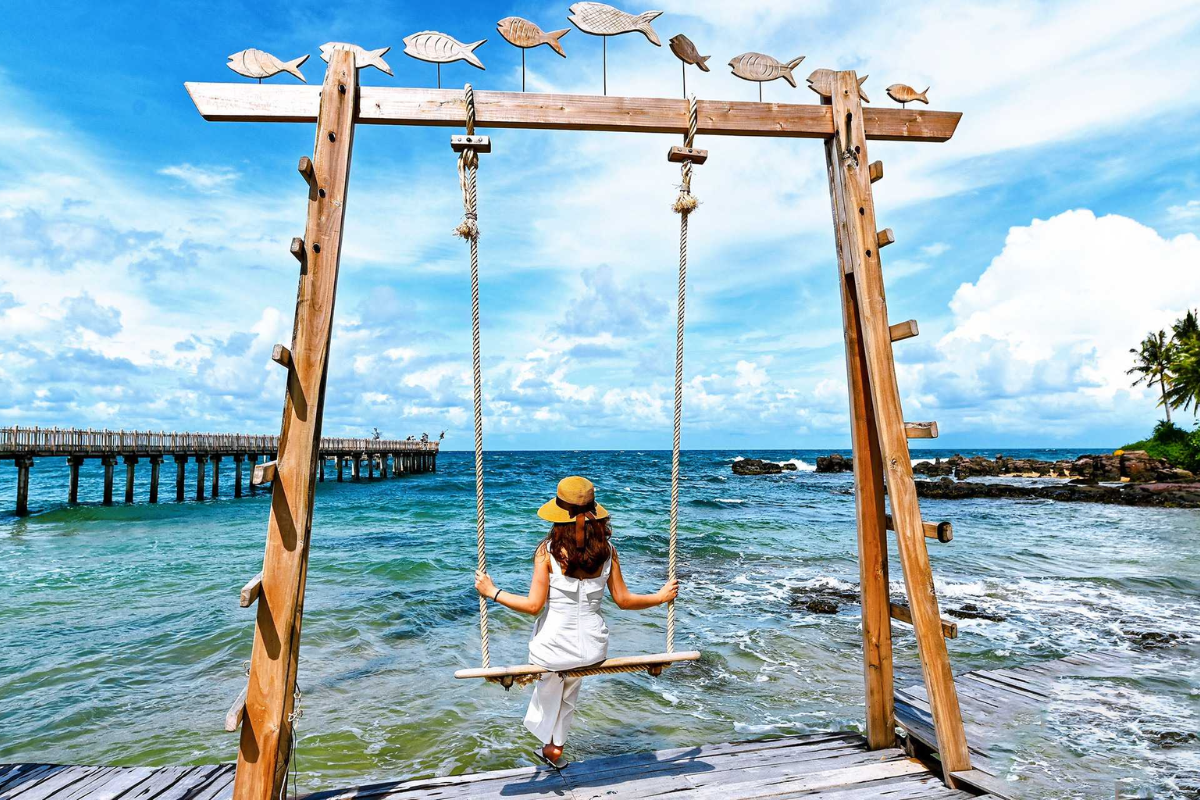 Beautiful beach in Phu Quoc during February with clear blue skies