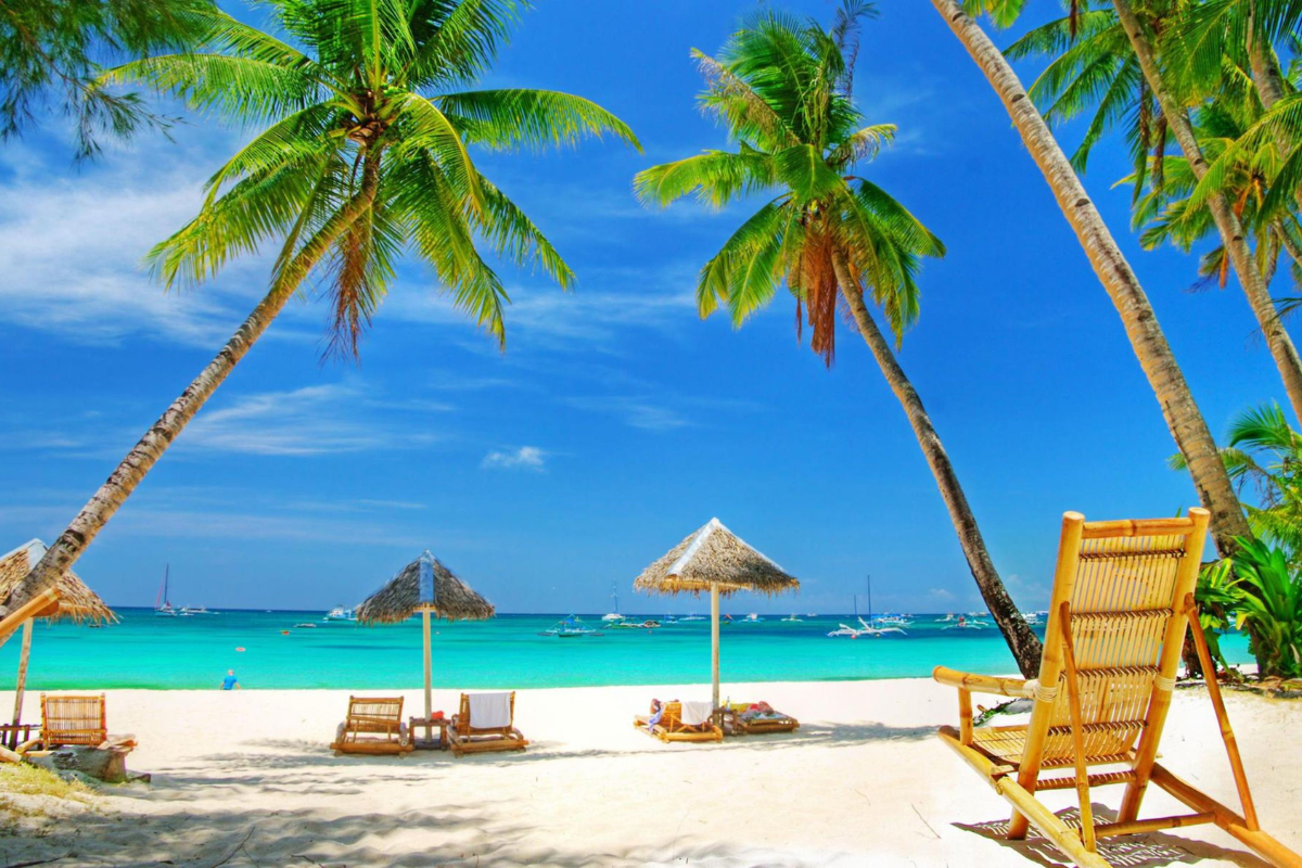 A beautiful beach in Phu Quoc with clear blue water and white sand