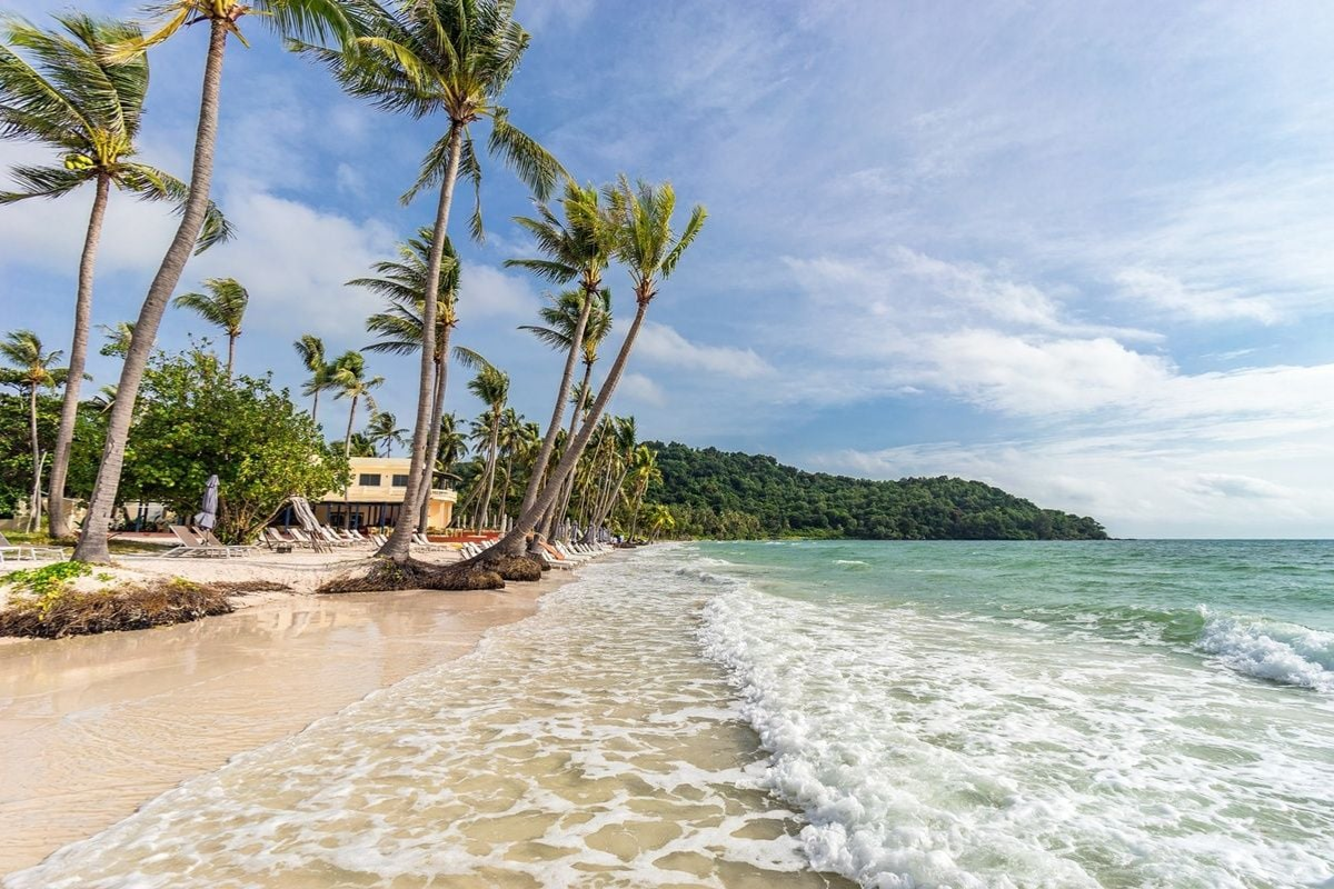 A stunning beach in Phu Quoc with clear blue water and white sand