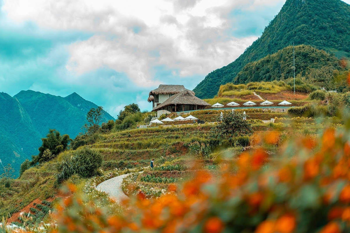 A breathtaking view of Sapa Vietnam in April with blooming flowers and terraced rice fields