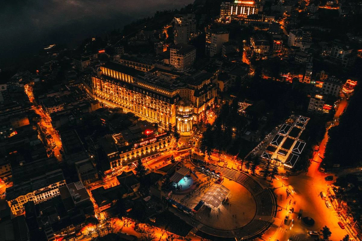 Sapa town center with bustling shops and restaurants