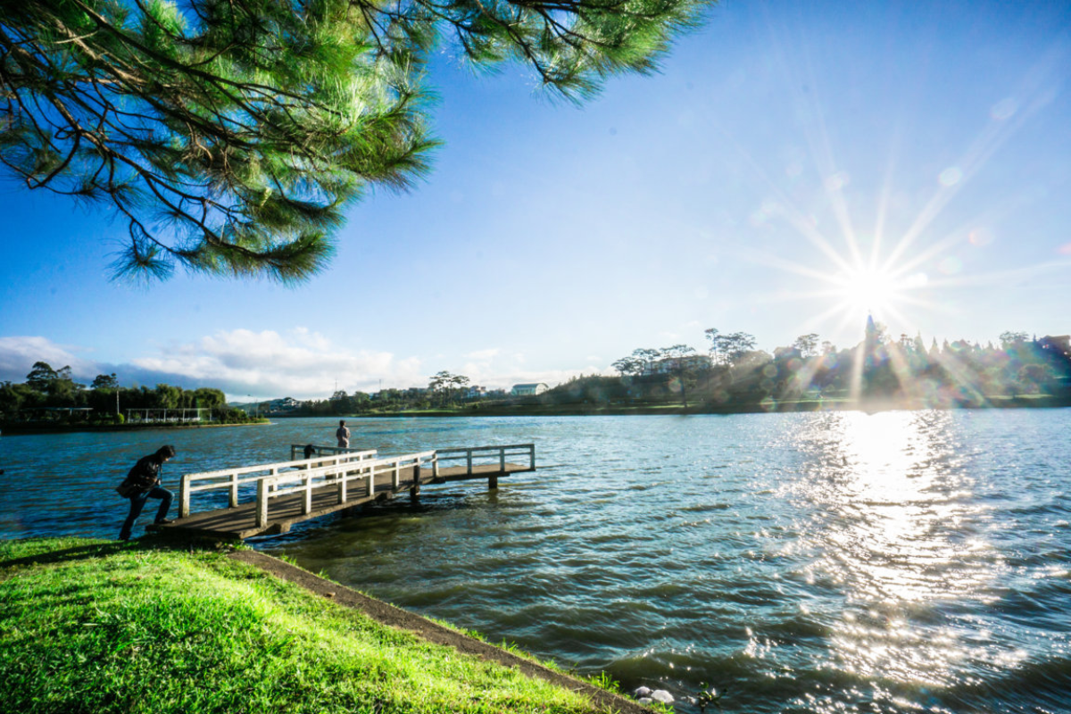 View of Xuan Huong Lake surrounded by pine trees in September